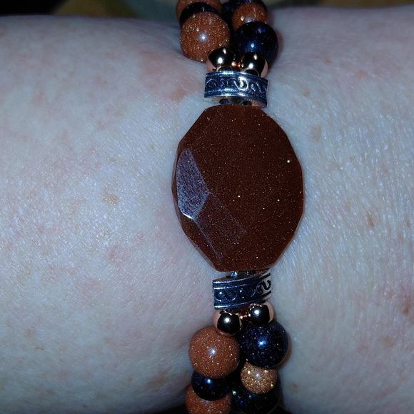 Elegant Brown and Blue Goldstone Beaded Bracelet. Double Strand. - Picture 3 of 4